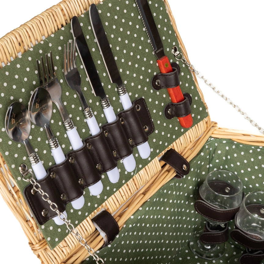 Deluxe Wicker Green Polka Dot Lining 4 Person Picnic Basket