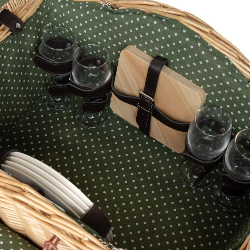 Deluxe Wicker Green Polka Dot Lining 4 Person Picnic Basket