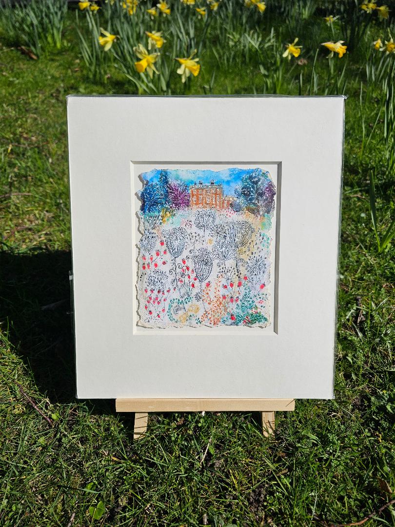 Original oil pastel painting of Newby Hall Gardens in the snow by Selina Thorp for sale
