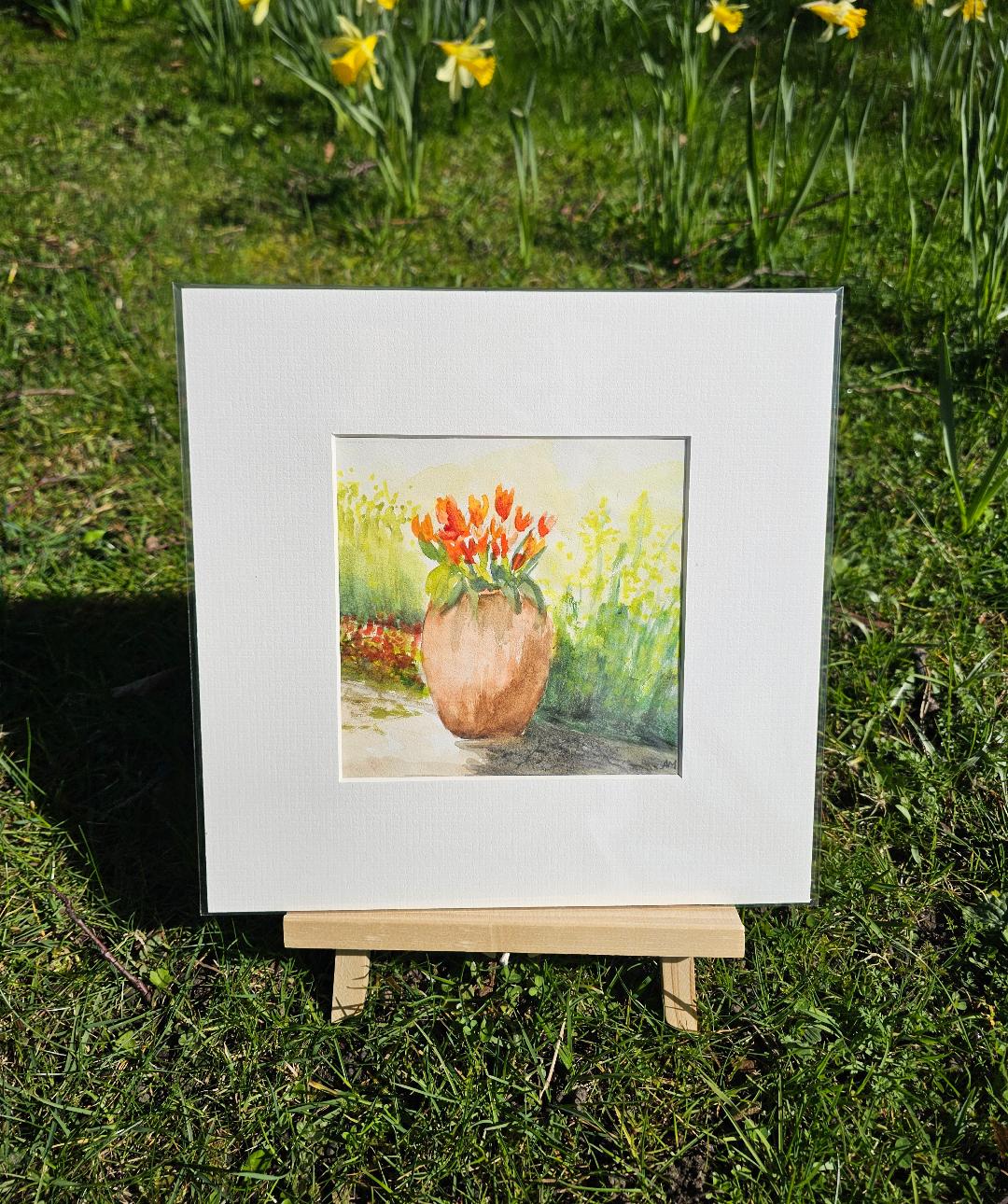 Original watercolour painting of red flowers in a vase by Andrea Mosey for sale