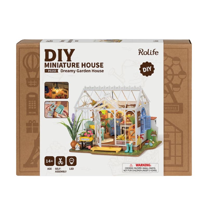 Rolife Dreamy Garden House packaging with floral, romantic miniature design.