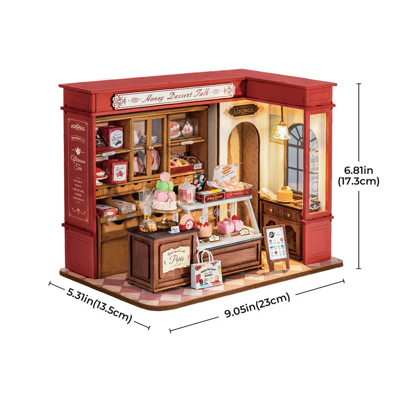 Rolife Honey Dessert Talk kit with assembled and product sizes shown.
