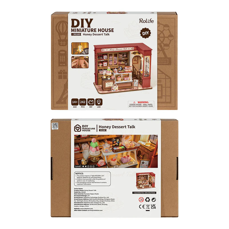 Rolife Honey Dessert Talk DIY kit packaging featuring pâtisserie design.