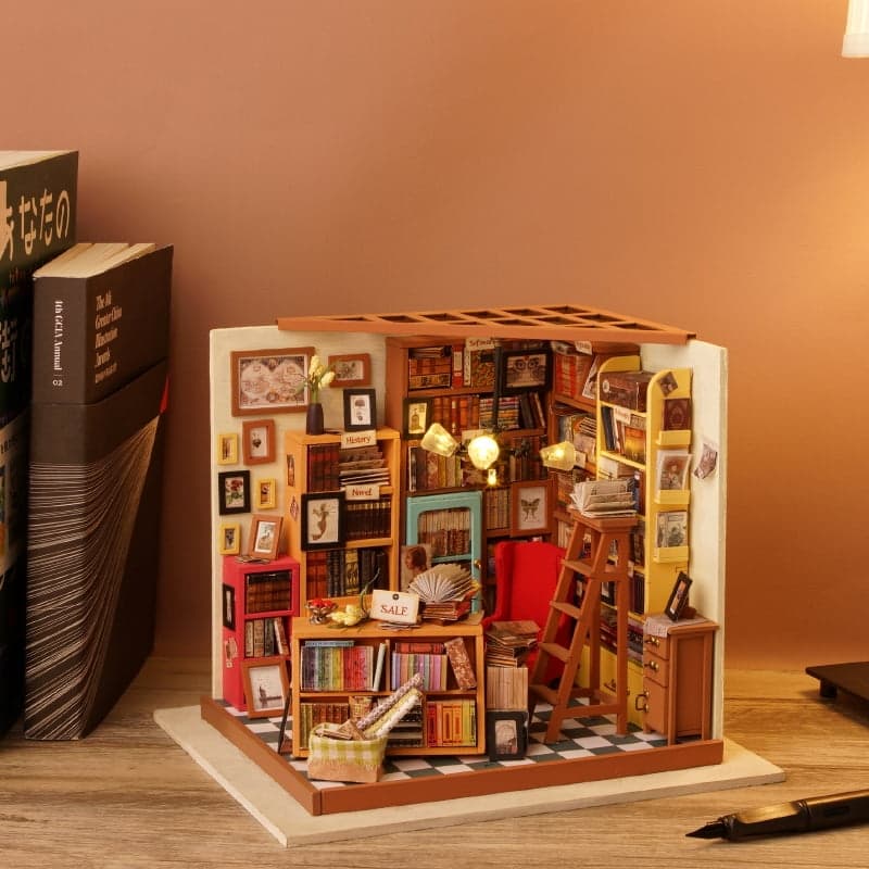 Rolife Sams Study DIY miniature house kit displayed on bookshelf