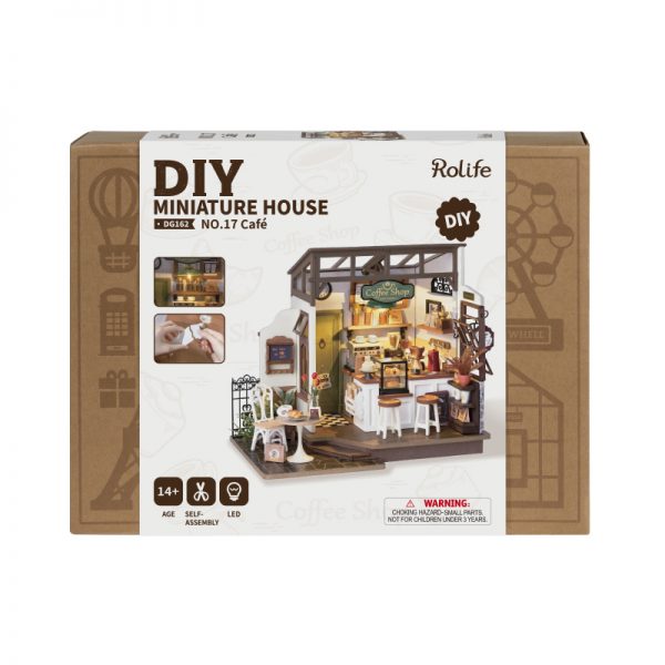 Rolife Slow Life Café DIY miniature house kit packaging with café theme.