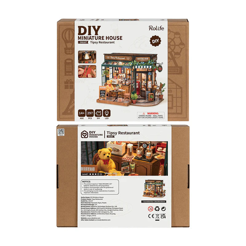 Rolife Tipsy Restaurant DIY miniature house kit packaging with bistro theme.