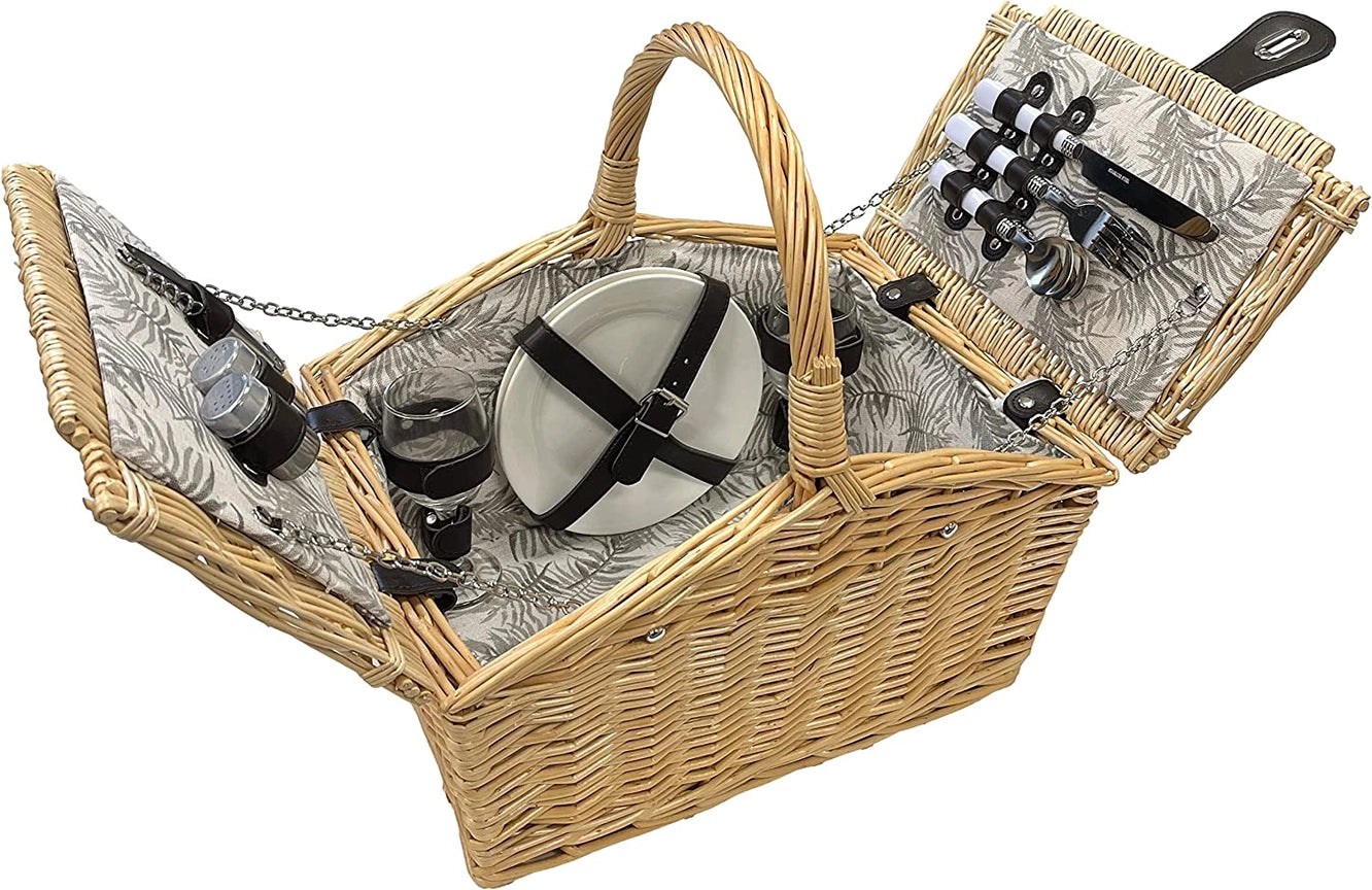 Deluxe Wicker Grey Floral Leaf Lining 2 Person Picnic Basket