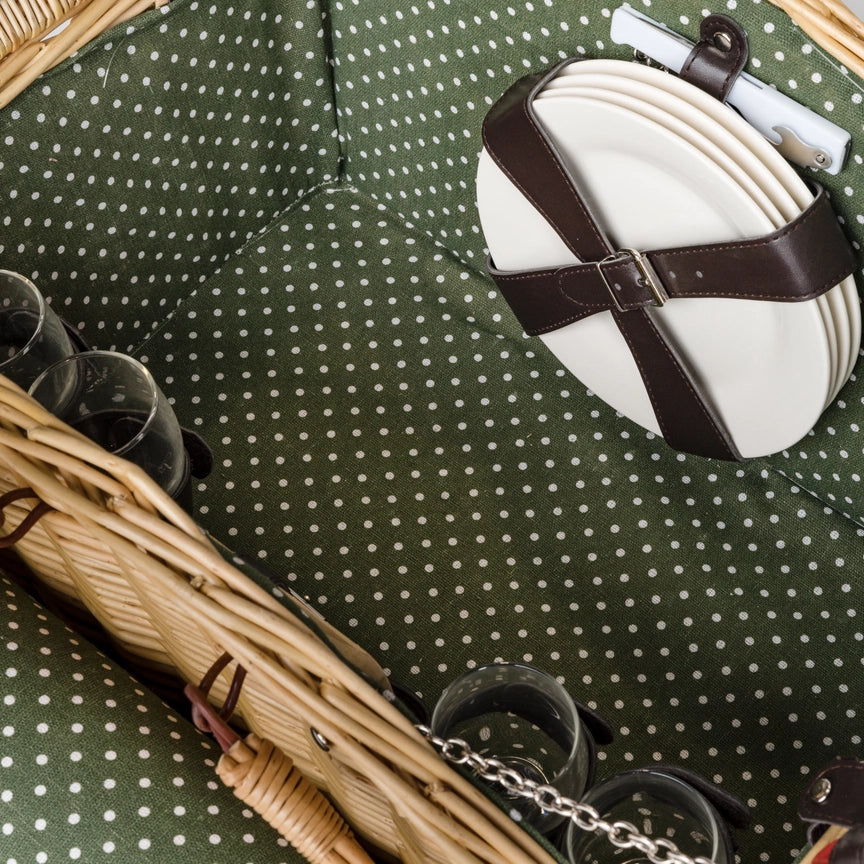 Deluxe Wicker Green Polka Dot Lining 4 Person Picnic Basket