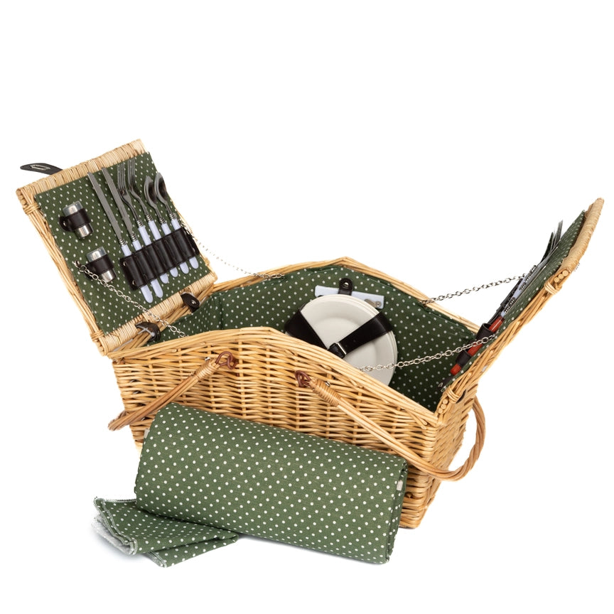 Deluxe Wicker Green Polka Dot Lining 4 Person Picnic Basket
