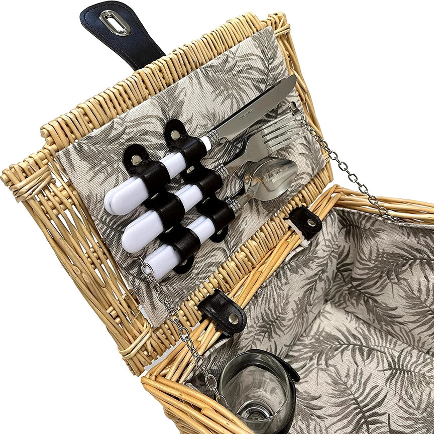 Deluxe Wicker Grey Floral Leaf Lining 2 Person Picnic Basket