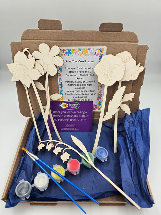 Paint Your Own Flower Bouquet kit by Jennyruth Workshops with handcrafted wooden flowers for painting