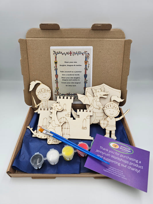 Paint Your Own Knights Dragons and Castles kit by Jennyruth Workshops with handcrafted wooden figures