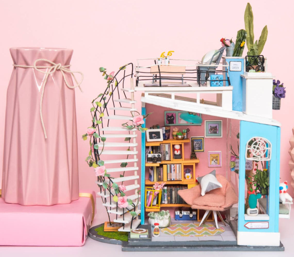 Assembled Rolife Dora’s Loft DIY miniature house kit on display