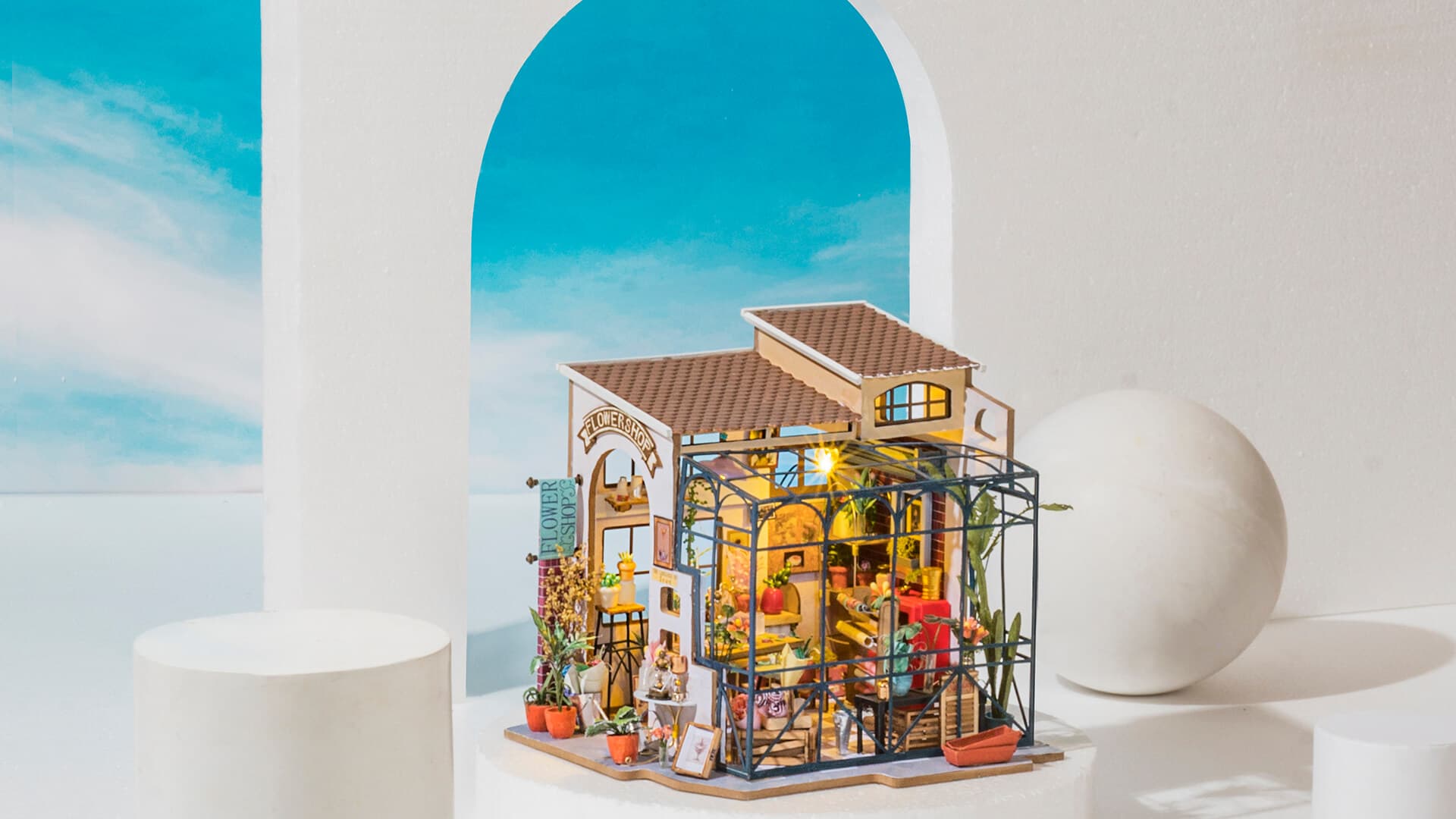 Assembled Rolife Emily’s Flower Shop DIY miniature house kit on display