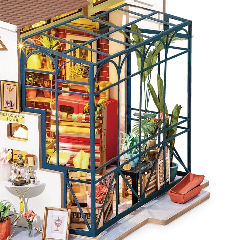 Rolife Emily’s Flower Shop DIY miniature house kit with attached greenhouse
