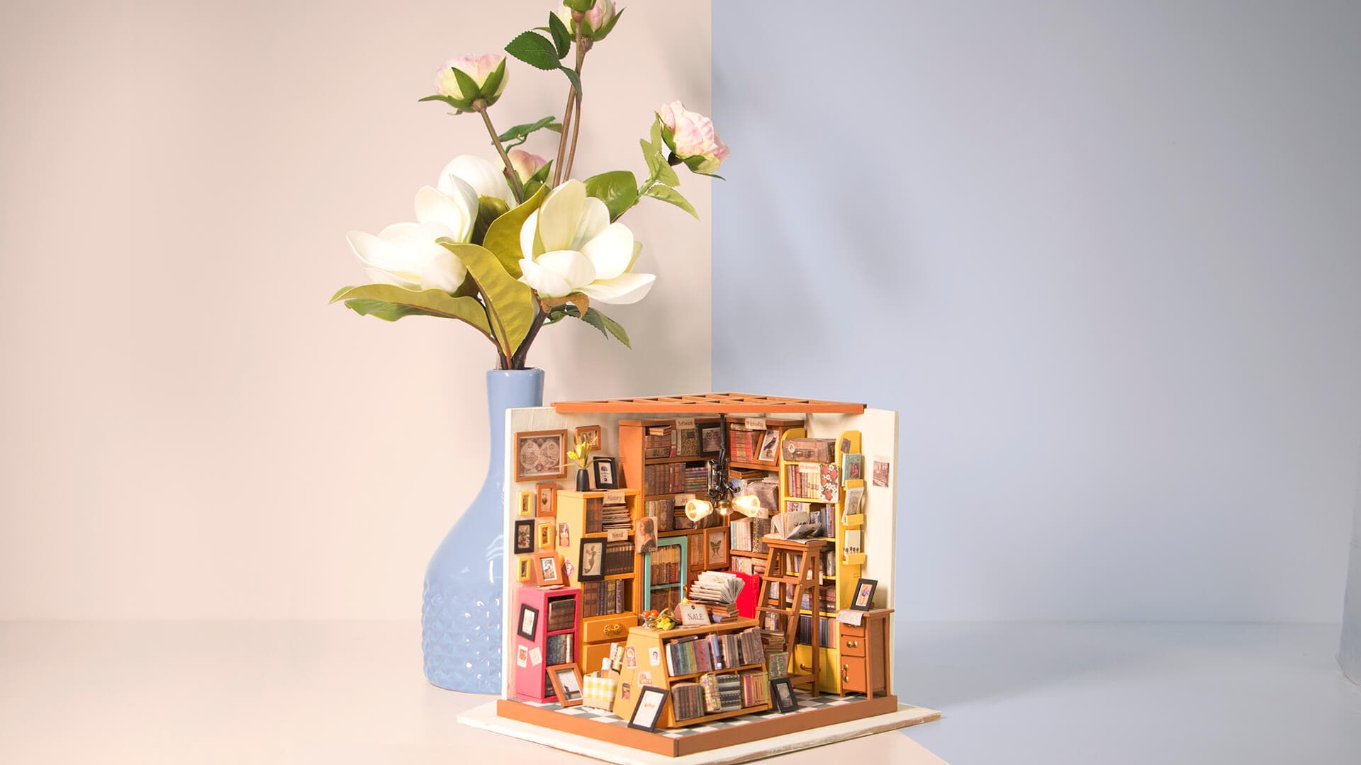 Assembled Rolife Sams Study DIY miniature house kit on display