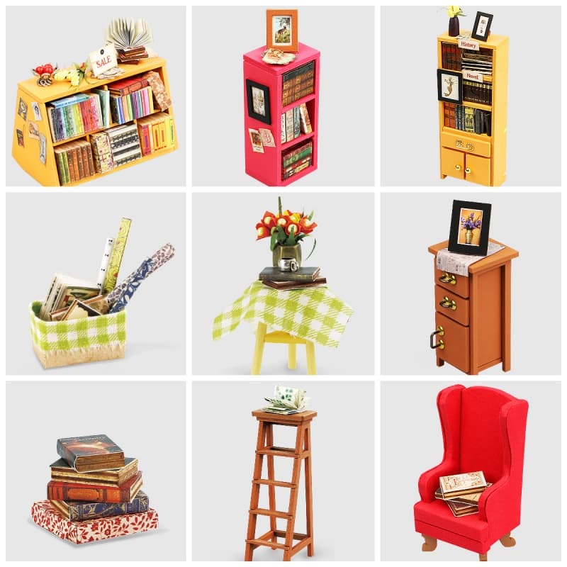 Miniature furniture in Rolife Sams Study DIY miniature house kit