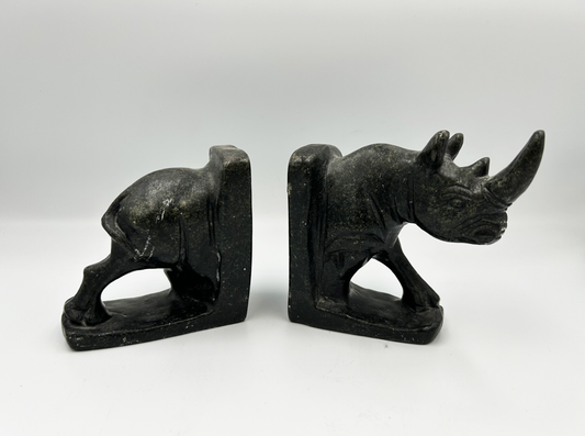 Hand Carved Stone Rhino Bookends