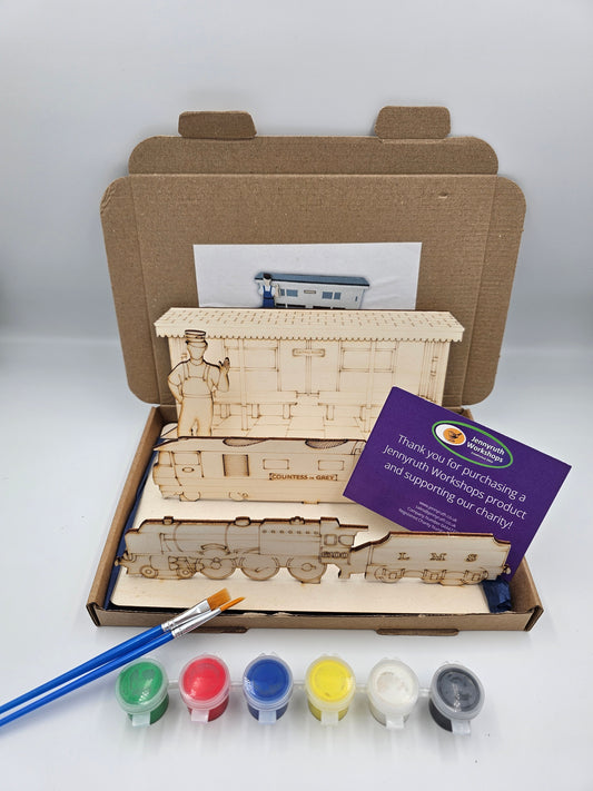 Paint Your Own Trains kit by Jennyruth Workshops with handcrafted wooden train figures